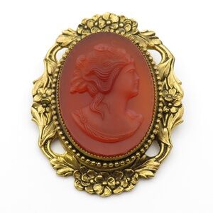 Vintage Red Glass Cameo Floral Brass Brooch